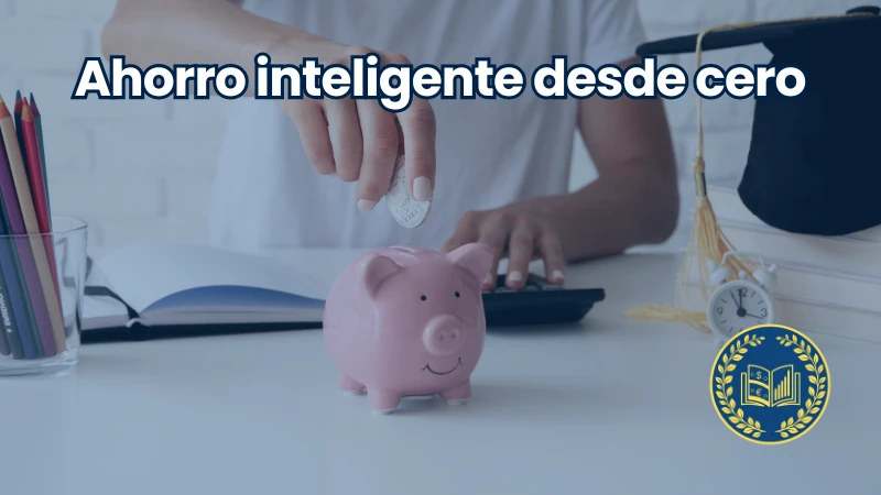Mano insertando una moneda en una hucha rosa sobre un escritorio con útiles y libros; sobreimpreso el texto “Ahorro inteligente desde cero”.