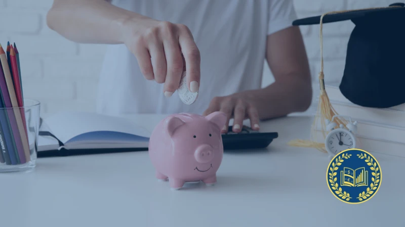 Mano insertando una moneda en una hucha rosa sobre un escritorio con útiles y libros; sobreimpreso el texto “Ahorro inteligente desde cero”.