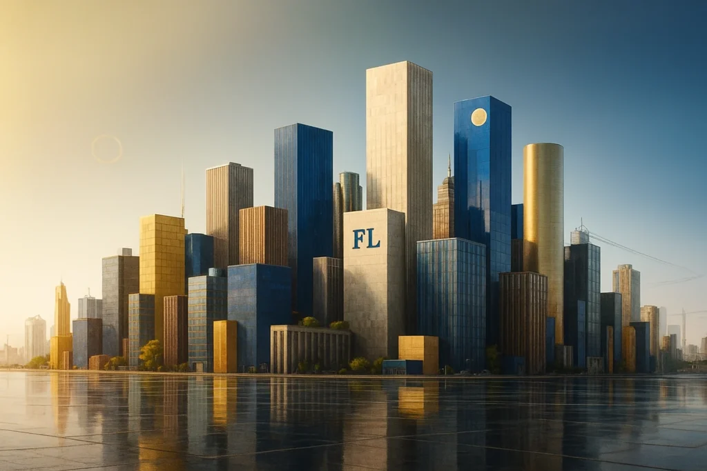 Ilustración sofisticada que representa el crecimiento patrimonial y la estabilidad financiera, con un diseño minimalista en tonos azul, amarillo y dorado